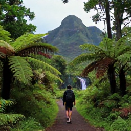 Caribbean Holidays, Martinique Wellness, Lush Martinique rainforest trail with a small waterfall, volcanic mountains, ferns and a hiker walking peacefully