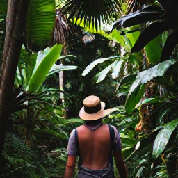 Caribbean Holidays, Martinique Wellness, Lush Martinique rainforest trail with tropical plants, soft light and a traveller enjoying a peaceful walk