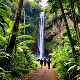 Caribbean Holidays, Martinique Wellness, Lush tropical rainforest trail near Mount Pel&eacute;e in Martinique, with a peaceful waterfall and a small group of walkers