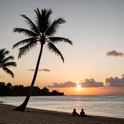 Caribbean Holidays, Martinique Wellness, Martinique sunset over a quiet beach, warm sky, silhouettes of palm trees and a couple relaxing by the shore