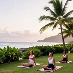Caribbean Holidays, Martinique Wellness, Open-air yoga session beside a Martinique beach, tropical greenery, soft morning light and the Caribbean Sea