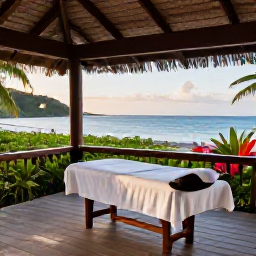 Caribbean Holidays, Martinique Wellness, Outdoor spa terrace overlooking a Martinique beach, massage table, tropical plants and soft afternoon light