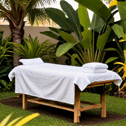 Caribbean Holidays, Martinique Wellness, Outdoor spa treatment in a lush Martinique garden, with a massage table, tropical foliage and soft natural light