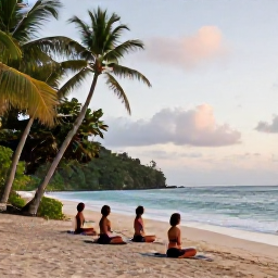 Caribbean Holidays, Martinique Wellness, Outdoor yoga session on a quiet Martinique beach, tropical greenery, gentle morning light and ocean in the background