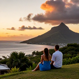 Caribbean Holidays, Martinique Wellness, Peaceful coastal viewpoint in Martinique at sunset, lush hills, Caribbean sea and a comfortable couple enjoying the view