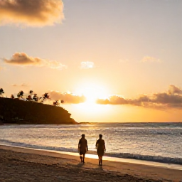 Caribbean Holidays, Martinique Wellness, Peaceful Martinique beach at sunset with two people walking beside the water and warm golden light