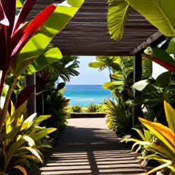 Caribbean Holidays, Martinique Wellness, Peaceful Martinique garden with tropical plants, a shaded path and a small view towards the Caribbean sea in December sunshine