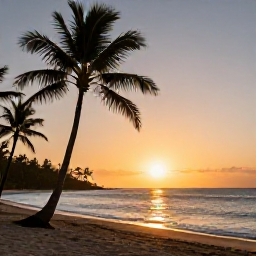 Caribbean Holidays, Martinique Wellness, Peaceful Martinique sunset over a quiet beach, warm golden light, calm sea and silhouettes of palm trees