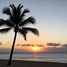 Caribbean Holidays, Martinique Wellness, Peaceful Martinique sunset over the Caribbean Sea, with silhouettes of palm trees and a quiet beach