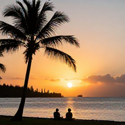 Caribbean Holidays, Martinique Wellness, Peaceful sunset over a Martinique bay, silhouettes of palm trees and a couple seated quietly near the water