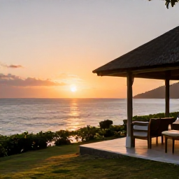 Caribbean Holidays, Martinique Wellness, Peaceful sunset over Martinique&rsquo;s coastline, with a small terrace, comfortable chairs and warm evening light