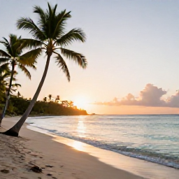 Caribbean Holidays, Martinique Wellness, Peaceful tropical beach in Martinique at sunrise, calm turquoise water, soft golden light and a few palm trees