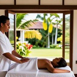 Caribbean Holidays, Martinique Wellness, Person receiving a relaxing spa treatment in a bright Martinique wellness resort, tropical greenery visible through open windows