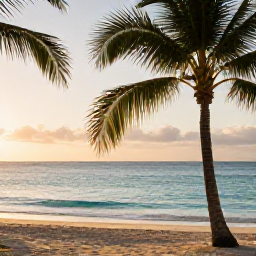 Caribbean Holidays, Martinique Wellness, Quiet Martinique beach at sunrise in April, calm turquoise sea, soft golden light, palm trees and a relaxed atmosphere