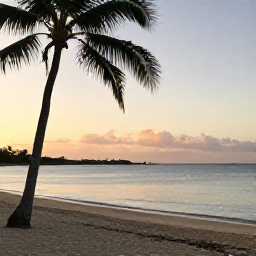 Caribbean Holidays, Martinique Wellness, Quiet Martinique beach at sunrise in January, calm turquoise water, soft golden light, palm trees and a peaceful atmosphere