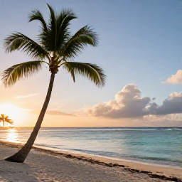 Caribbean Holidays, Martinique Wellness, Quiet Martinique beach at sunrise in July, palm trees, calm turquoise water and a peaceful wellness holiday atmosphere