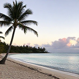 Caribbean Holidays, Martinique Wellness, Quiet Martinique beach at sunrise in September, calm turquoise water, palm trees and a peaceful atmosphere