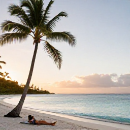 Caribbean Holidays, Martinique Wellness, Quiet tropical beach in Martinique at sunrise, calm turquoise sea, palm trees and a person relaxing on the sand