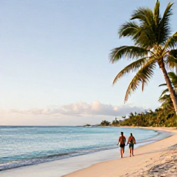 Caribbean Holidays, Martinique Wellness, Quiet tropical beach in Martinique at sunrise, calm turquoise water, palm trees and a relaxed couple walking along the shore