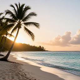 Caribbean Holidays, Martinique Wellness, Quiet tropical beach in Martinique at sunrise, calm turquoise water, soft golden light and a few palm trees