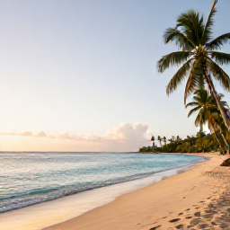 Caribbean Holidays, Martinique Wellness, Quiet tropical beach in Martinique at sunrise, with calm turquoise water, soft sand and palm trees