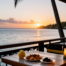 Caribbean Holidays, Martinique Wellness, Relaxed Martinique evening at a waterfront restaurant, local Caribbean food, soft sunset light and calm sea