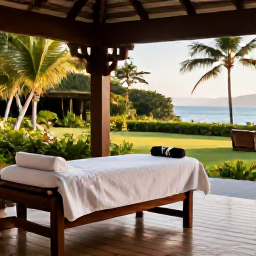 Caribbean Holidays, Martinique Wellness, Relaxed outdoor spa treatment at a Martinique resort, tropical garden, natural wood setting and soft afternoon light