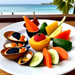 Caribbean Holidays, Martinique Wellness, Relaxed seaside restaurant in Martinique serving fresh tropical fruit, colourful vegetables and local seafood