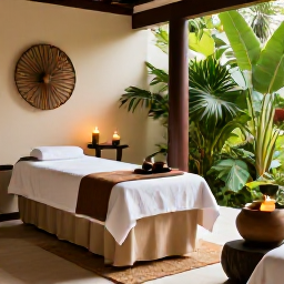 Caribbean Holidays, Martinique Wellness, Relaxing wellness treatment in a stylish tropical spa in Martinique, natural materials, candles, greenery and soft daylight
