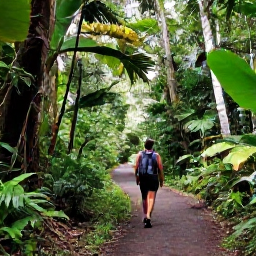 Caribbean Holidays, Martinique Wellness, Shaded tropical walking trail through lush Martinique rainforest with a hiker enjoying the peaceful scenery