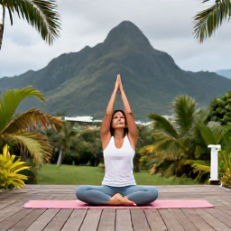 Caribbean Holidays, Martinique Wellness, Traveller doing gentle yoga on a wooden deck surrounded by tropical greenery in Martinique, with mountains in the background