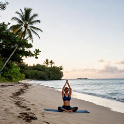 Caribbean Holidays, Martinique Wellness, Traveller practising gentle yoga on a quiet Martinique beach at sunrise, with tropical greenery and calm sea