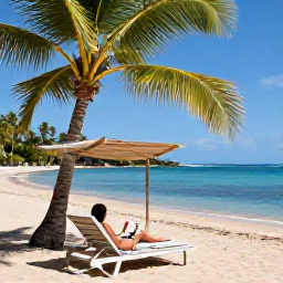 Caribbean Holidays, Martinique Wellness, Traveller relaxing beneath palm trees beside a quiet Caribbean beach in Martinique, with a book, shaded lounger and clear blue sea