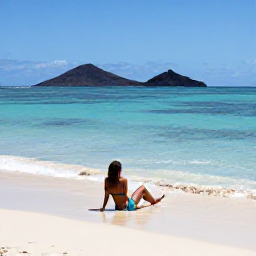 Caribbean Holidays, Martinique Wellness, Traveller relaxing on a quiet Martinique beach with volcanic hills in the distance and clear Caribbean water
