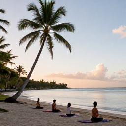 Caribbean Holidays, Martinique Wellness, Visitors practising gentle yoga on a quiet tropical beach in Martinique, morning light, palms and calm sea