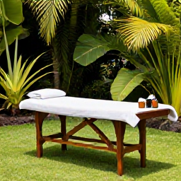 Caribbean Holidays, Martinique Wellness, Wellness treatment beside a tropical garden in Martinique, natural oils, wooden massage table and lush greenery