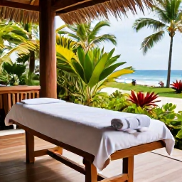 Caribbean Holidays, Martinique Wellness, Wellness treatment in a peaceful Martinique spa, natural wood, tropical greenery, towels and a tranquil Caribbean setting