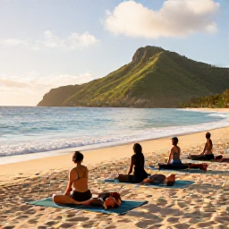 Caribbean Holidays, Martinique Wellness, Yoga class on a peaceful Martinique beach at dawn, with mats facing the sea and green hills in the background