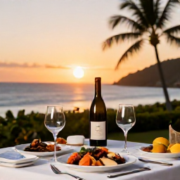 Caribbean Holidays, Martinique Wine, Elegant Martinique dinner table at sunset with local seafood, wine glasses, tropical coastline and warm evening light