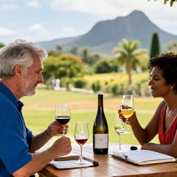 Caribbean Holidays, Martinique Wine, Friendly wine tasting at a Martinique estate, with local bottles, tasting glasses and tropical countryside in the background