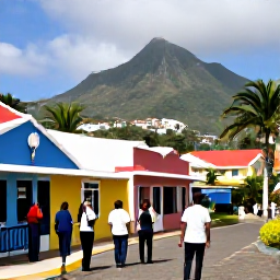 Caribbean Holidays, Martinique Wine, January visitors exploring a picturesque Martinique town after a wine tasting, colourful buildings, palm trees and mountain views
