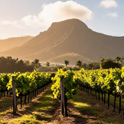 Caribbean Holidays, Martinique Wine, Sunlit Martinique vineyard with tropical hills, rows of vines and a relaxed January morning atmosphere