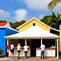 Caribbean Holidays, Martinique Wine Tasting, A scenic Martinique coastal village with a small wine bar, colourful houses, palm trees and guests enjoying a tasting