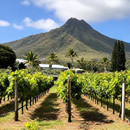 Caribbean Holidays, Martinique Wine Tasting, A sunny Martinique vineyard with neat rows of vines, tropical hills and a relaxed Caribbean atmosphere