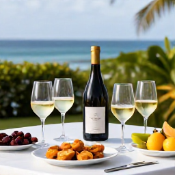 Caribbean Holidays, Martinique Wine Tasting, An elegant outdoor table in Martinique arranged with chilled French wine, tropical fruit, Creole snacks and views of the sea