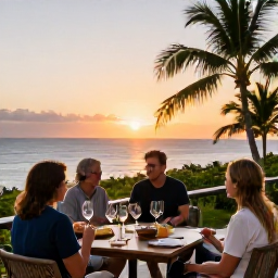 Caribbean Holidays, Martinique Wine Tasting, Travellers enjoying a relaxed wine and food experience on a Martinique terrace at sunset, with sea views and palm trees