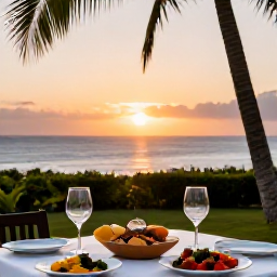 Caribbean Holidays, Martinique Wine Tours, A relaxed sunset dinner in Martinique with wine glasses, Caribbean dishes, palm trees and a view over the sea