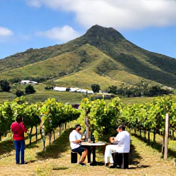 Caribbean Holidays, Martinique Wine Tours, A sunny February vineyard scene in Martinique with tropical hills, rows of vines, and visitors enjoying a relaxed wine tasting