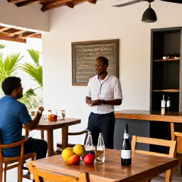 Caribbean Holidays, Martinique Wine Tours, A welcoming Martinique tasting room with local wines, tropical fruit, wooden tables and a friendly expert explaining the flavours