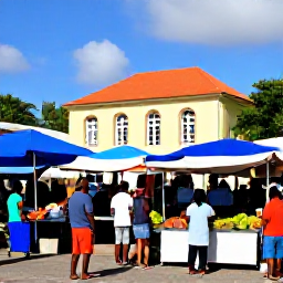Caribbean Holidays, Martinique Wine Tours, Travellers exploring a colourful Martinique market near the coast, with tropical produce, seafood stalls and historic French-Caribbean buildings